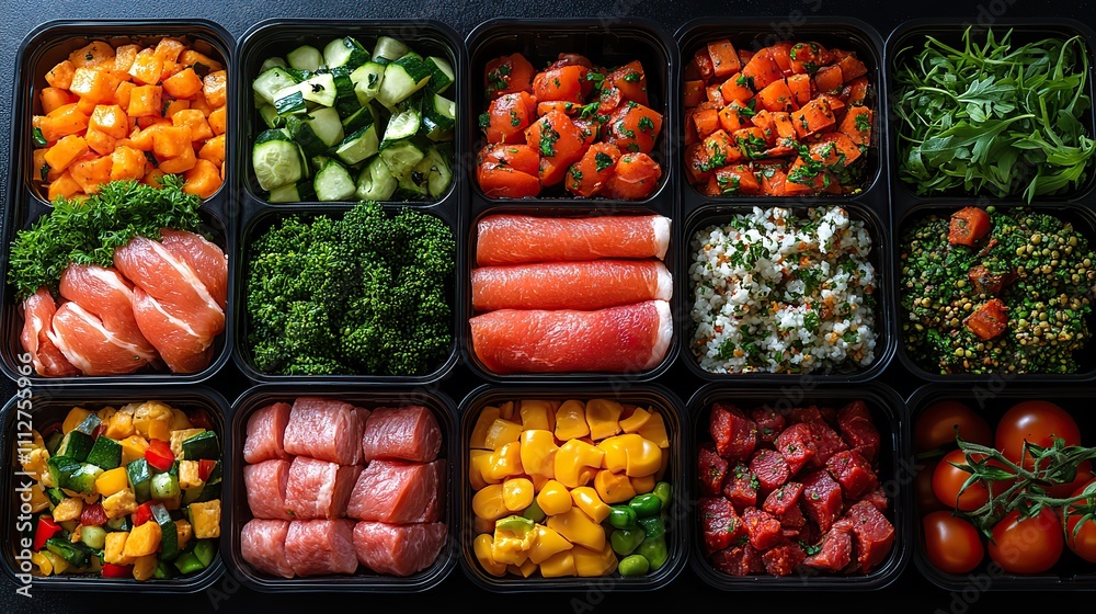 a collection of healthful food items in black plastic takeout boxes set of containers with standard fare on a black background including meat veggies and low fat snack a collection of healthful food items in black plastic takeout boxes set of containers with standard fare on a black background including meat veggies and low fat snack