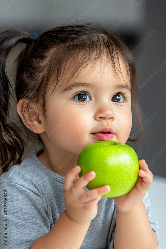 Smiling toddler girl with pigtails, dressed in a gray shirt, bites into a green apple in kitchen. Smiling toddler girl with pigtails, dressed in a gray shirt, bites into a green apple in kitchen.