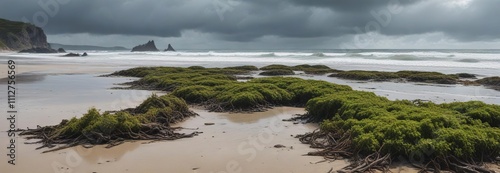 Beach with large amounts of seaweed and debris washed up due to stormy weather , stormy weather, holderness area, photo