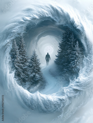 Surreal Winter Landscape with a Swirling Snow Vortex and a Lone Figure, Highlighting Natural Beauty, Mystery, and Fantastical Adventure photo