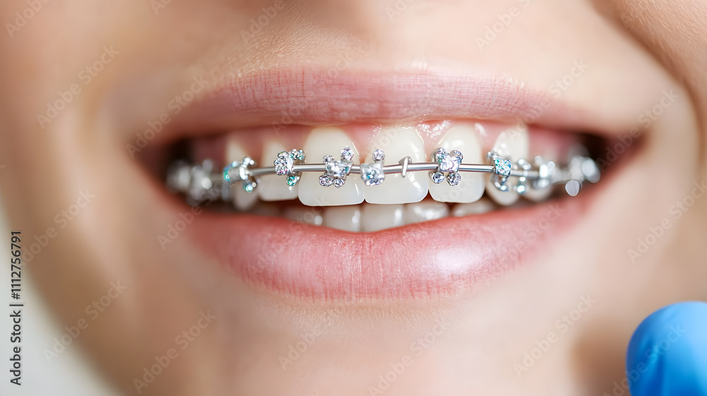 Obraz premium Close-up of a patient’s mouth undergoing dental braces treatment, with visible metal brackets and wires, illustrating the process of orthodontic care and teeth alignment
