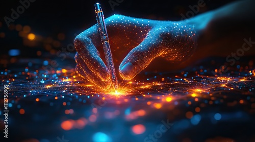 a hand clutching a pen triangles low polygon lines and particle style designs geometric abstract wireframe structure for connecting light