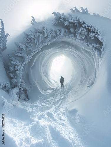 Surreal Winter Landscape with a Swirling Snow Vortex and a Lone Figure, Highlighting Natural Beauty, Mystery, and Fantastical Adventure photo