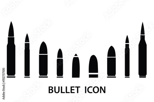 Bullet icon, vector set. Ammo icon, vector set. Sniper, Gun, Rifle bullet icon, vector, silhouette set design. Vector illustration. 