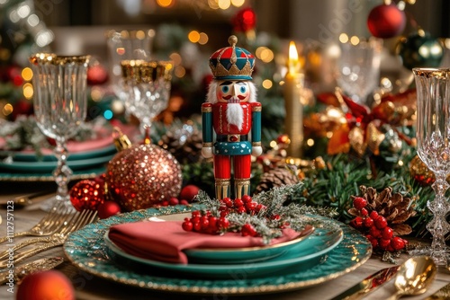 A beautifully set holiday table featuring a central nutcracker, surrounded by elegant plates, sparkling glasses, and festive ornaments and greenery.