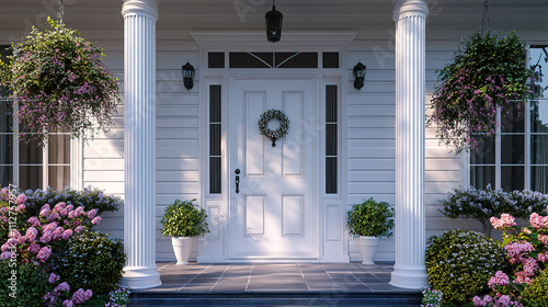 Elegant Main Entrance Door of Georgian Cottage House with Columns