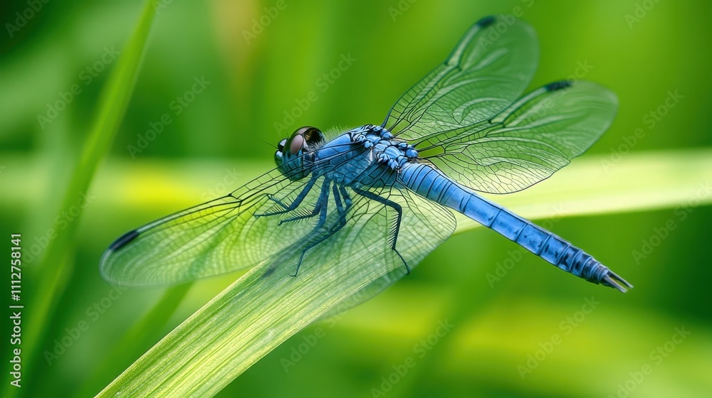 A vivid blue dragonfly rests delicately on a green leaf, showcasing its intricate wings against a natural backdrop. A vivid blue dragonfly rests delicately on a green leaf, showcasing its intricate wings against a natural backdrop.