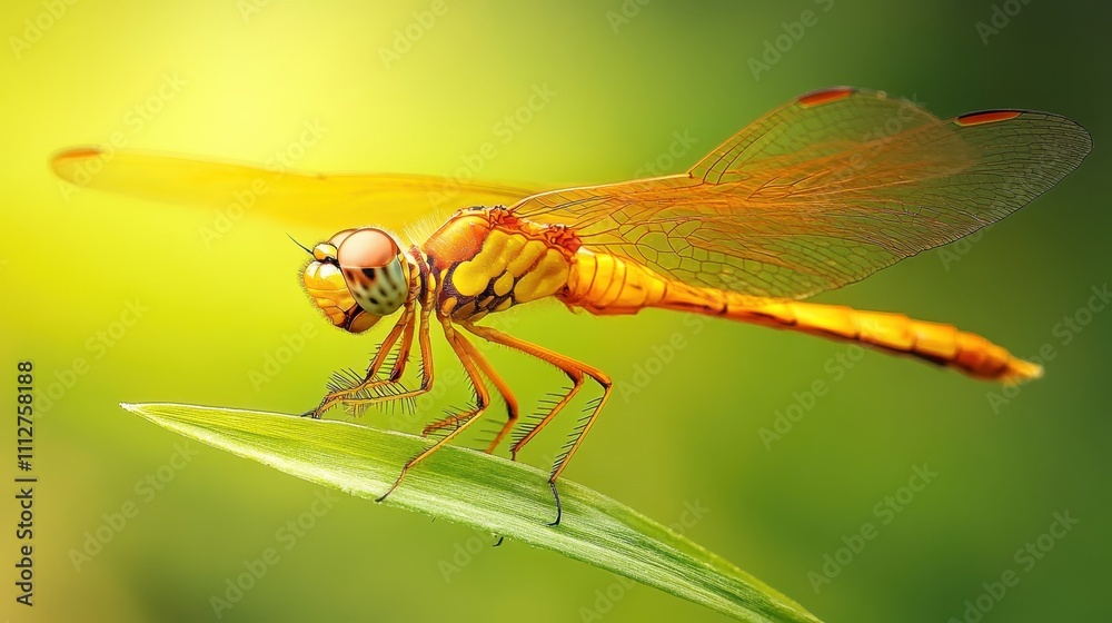 A vibrant dragonfly perched on a green leaf, showcasing its intricate wings and colors against a softly blurred background. A vibrant dragonfly perched on a green leaf, showcasing its intricate wings and colors against a softly blurred background.