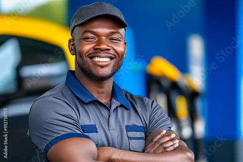 Smiling African gas station attendant in blue uniform with arms crossed, standing confidently near fuel pumps at a service station.