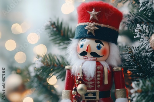 A colorful nutcracker figurine, with intricate design, stands out on a Christmas tree branch adorned with lights, embodying festive traditions and cheerful spirit indoors. photo