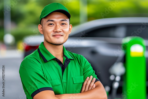 Smiling Asian gas station attendant in green uniform with arms crossed, standing confidently near fuel pumps at a service station. Copy space.