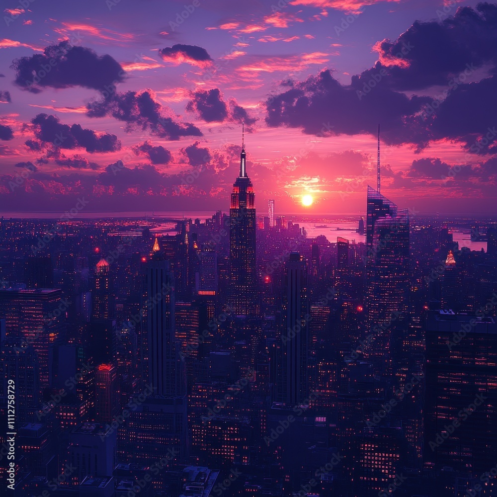 Obraz premium A vibrant sunset over a city skyline, showcasing buildings illuminated by twilight.