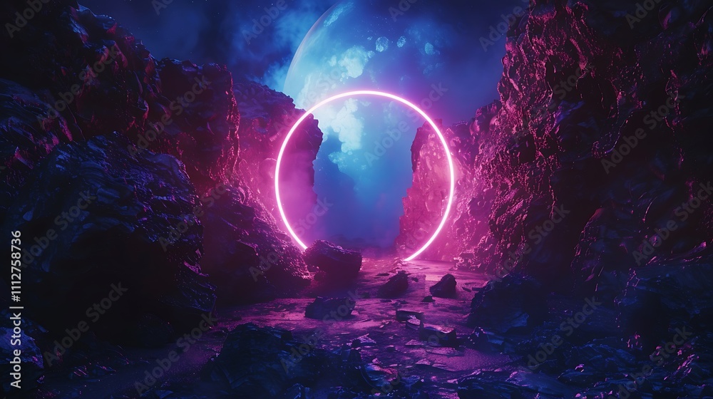 Fototapeta premium Stone gateway with neon effects in dark cosmic scene