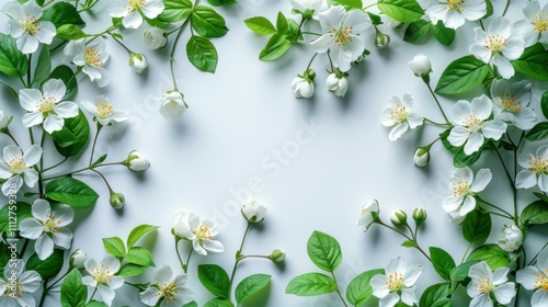 A white flower with green leaves surrounds a white background