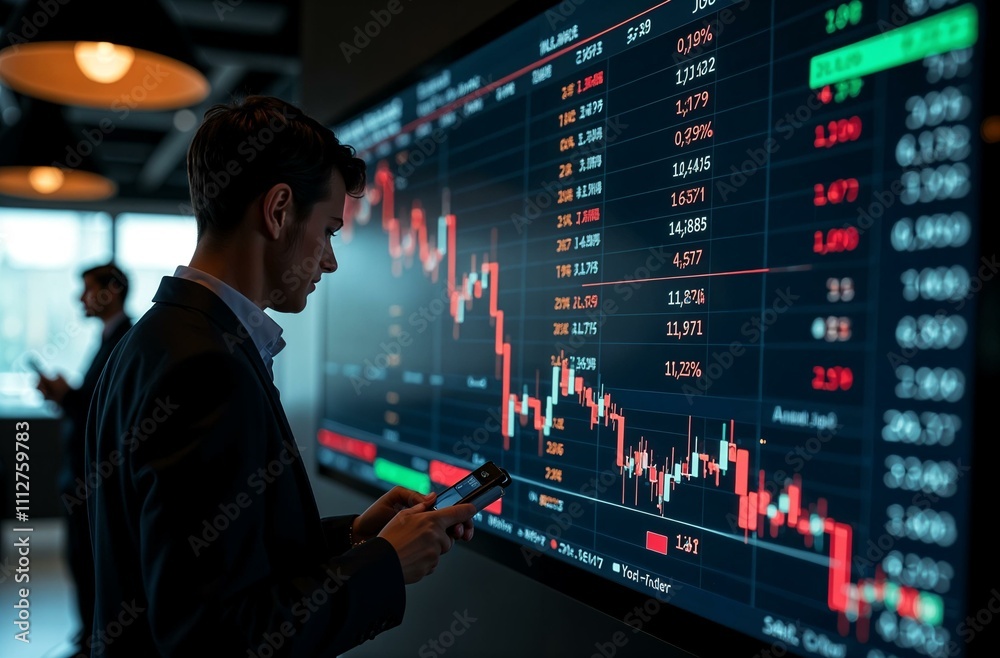 A man is intently analyzing a stock chart displayed on a large screen, which highlights the various trends and fluctuations in the market, possibly for financial decisionmaking A man is intently analyzing a stock chart displayed on a large screen, which highlights the various trends and fluctuations in the market, possibly for financial decisionmaking