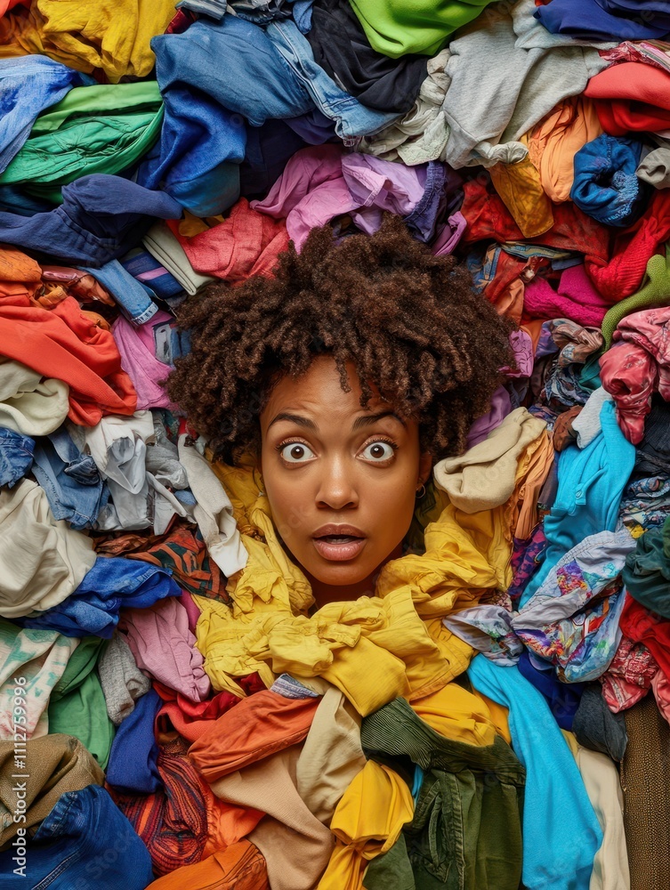 Overwhelmed Afro American woman gives advice to recycle your old clothes sticks out head through multicolored clothing surrouunded by unwearable items collected for donation. Textile recycling Overwhelmed Afro American woman gives advice to recycle your old clothes sticks out head through multicolored clothing surrouunded by unwearable items collected for donation. Textile recycling