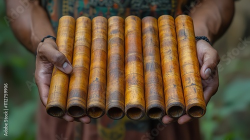 a quena is held by male hands against an isolated background of beige pan flute traditional south american instrument andean instrument photo