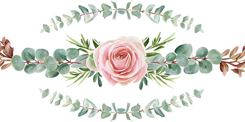 Pink rose flower and eucalyptus. Watercolor seamless floral border on white background.AI GENERATED