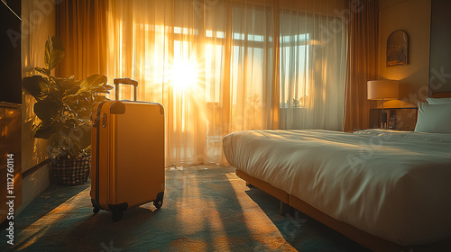 Cozy hotel room with sunset view and suitcase ready for adventure in a scenic location. Generative AI