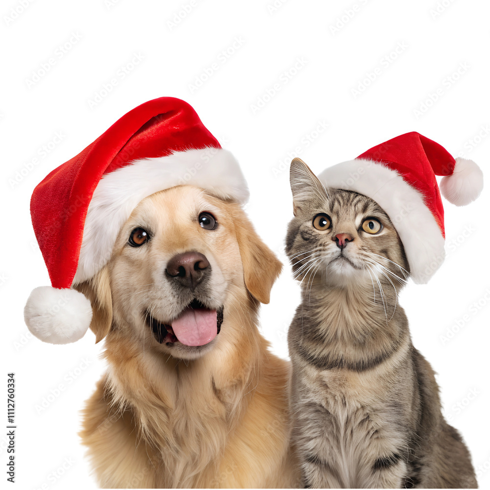 Cute Dog and Cat in Christmas Hats isolate on transparent background cutout, PNG, Cutout Cute Dog and Cat in Christmas Hats isolate on transparent background cutout, PNG, Cutout