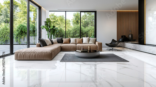 Sleek and Spacious Living Room with Marble Tiled Floors