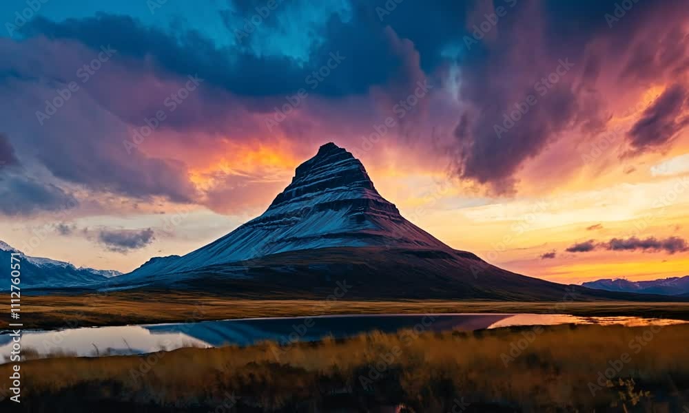 A vibrant landscape featuring a mountain at sunset, with dramatic clouds and colorful skies. A vibrant landscape featuring a mountain at sunset, with dramatic clouds and colorful skies.