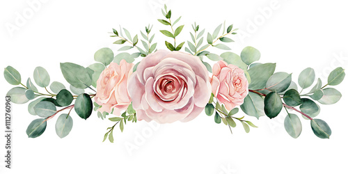 Pink rose flower and eucalyptus. Watercolor seamless floral border on white background.AI GENERATED