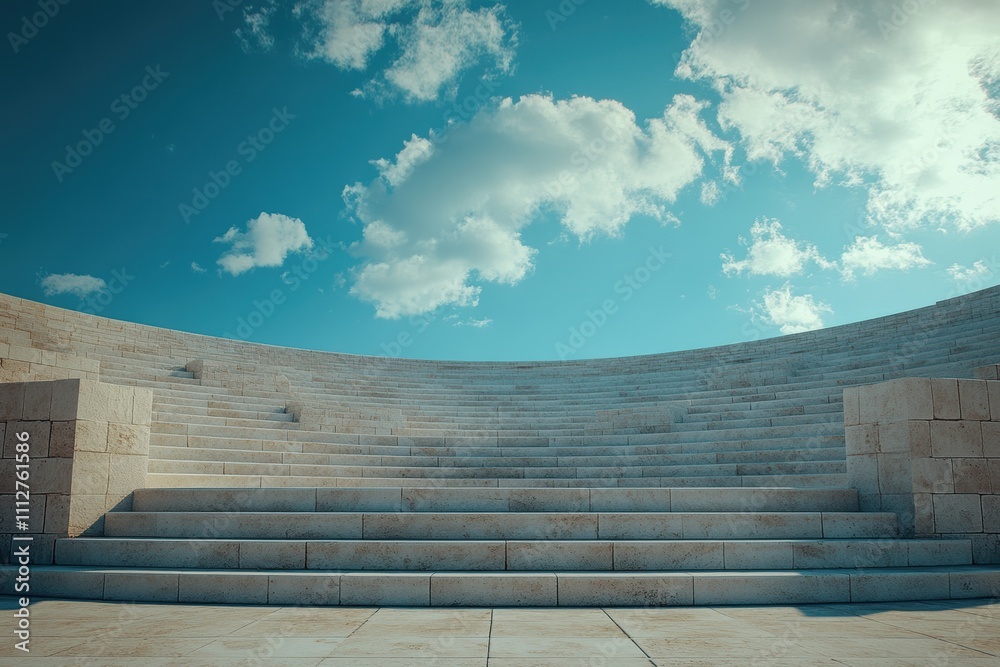 A circular stone amphitheater under a bright blue sky with clouds.