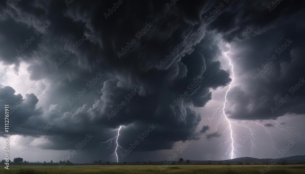 Dramatic thunderstorm with dark clouds and lightning , moody, dramatic