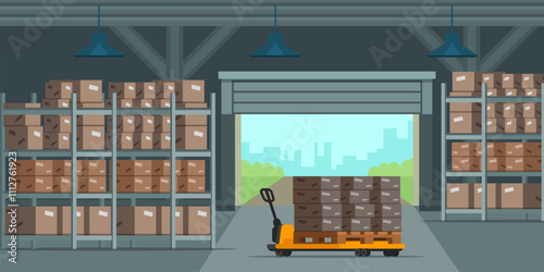 Warehouse indoor flat vector illustration. Factory storehouse background. Distribution, logistics, shipment concepts.