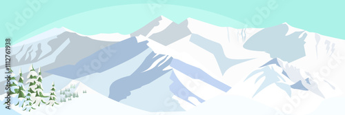 Winter mountains landscape. Nature scene with snowy hills and blue sky. cartoon vector background for ski resort, park, hotel, touristic agency.
