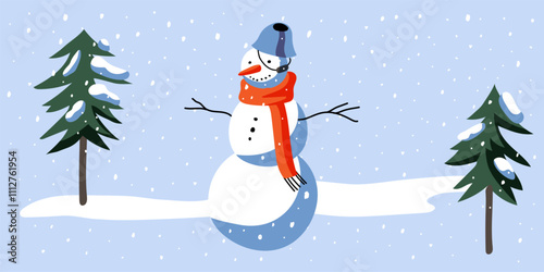 Snowman in winter snowy park with green trees. Christmas landscape vector illustration. Cartoon snowscape scene with frozen fir trees, snowdrifts and cute snowman wearing red scarf.