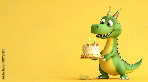 A cartoon dinosaur with a party hat holds a birthday cake with candles.