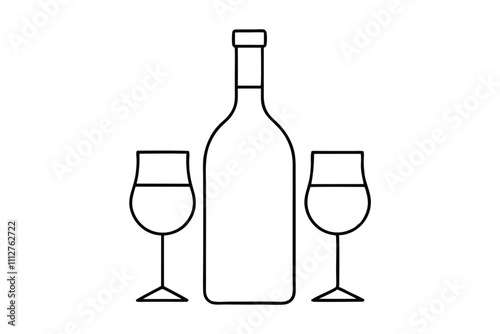 Beautiful wine bottle and two glasses line art vector illustration