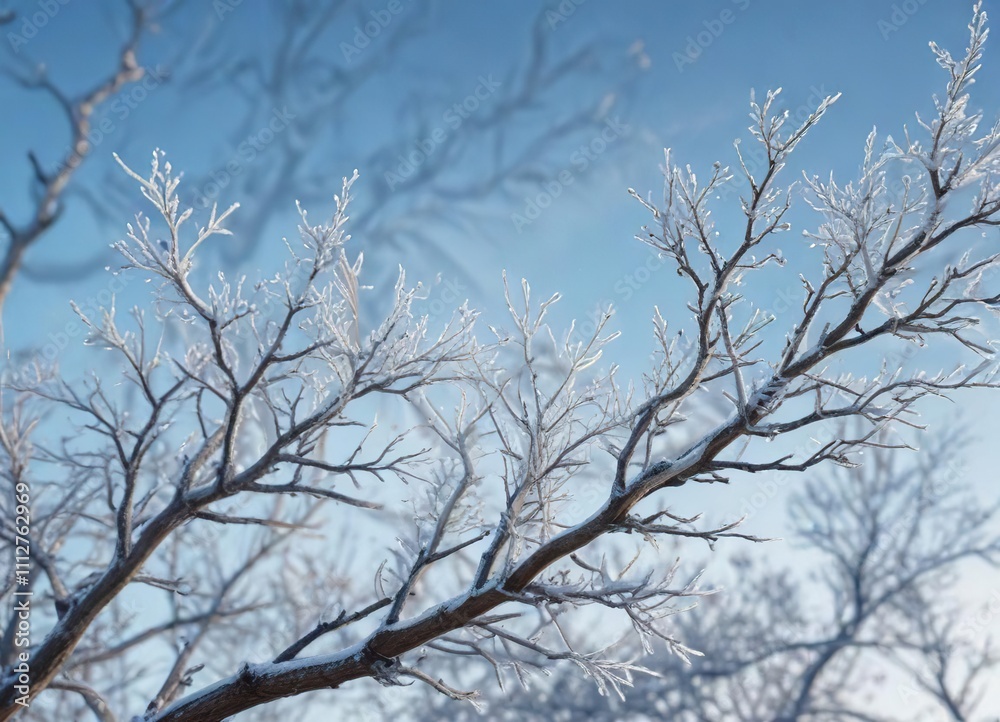 Frosty branches etched against a soft blue sky, snow-covered landscape, soft blue sky, gentle snowfall Frosty branches etched against a soft blue sky, snow-covered landscape, soft blue sky, gentle snowfall