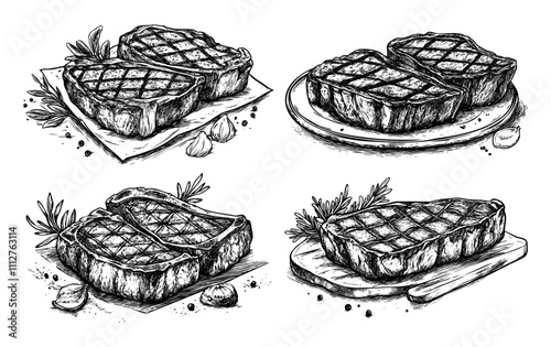 Engraving meat. Delicious fried bbq steak with salt and spices on wooden desk plate and paper, retro ink sketch monochrome hand drawn isolated vectors on white background