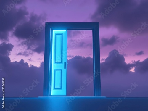 Glowing door in cloudy twilight with soft glow and purple sky, fantastical, mysterious, misty atmosphere
