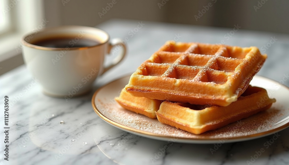 Elegant Marble Setting with Belgian Waffles and Coffee Elegant Marble Setting with Belgian Waffles and Coffee