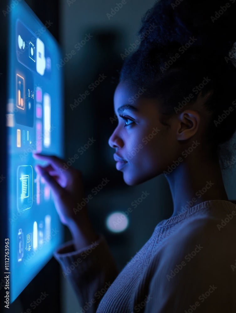 Young african woman using smart home touch screen ai technology connected appliances device on wall monitoring energy security heating system digital control in apartment. Smart home concept. Closeup Young african woman using smart home touch screen ai technology connected appliances device on wall monitoring energy security heating system digital control in apartment. Smart home concept. Closeup