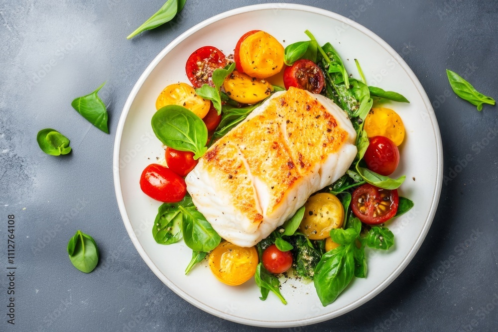 Grilled Cod with Heirloom Tomatoes and Fresh Basil on a Bed of Spinach on a Stylish White Plate Grilled Cod with Heirloom Tomatoes and Fresh Basil on a Bed of Spinach on a Stylish White Plate