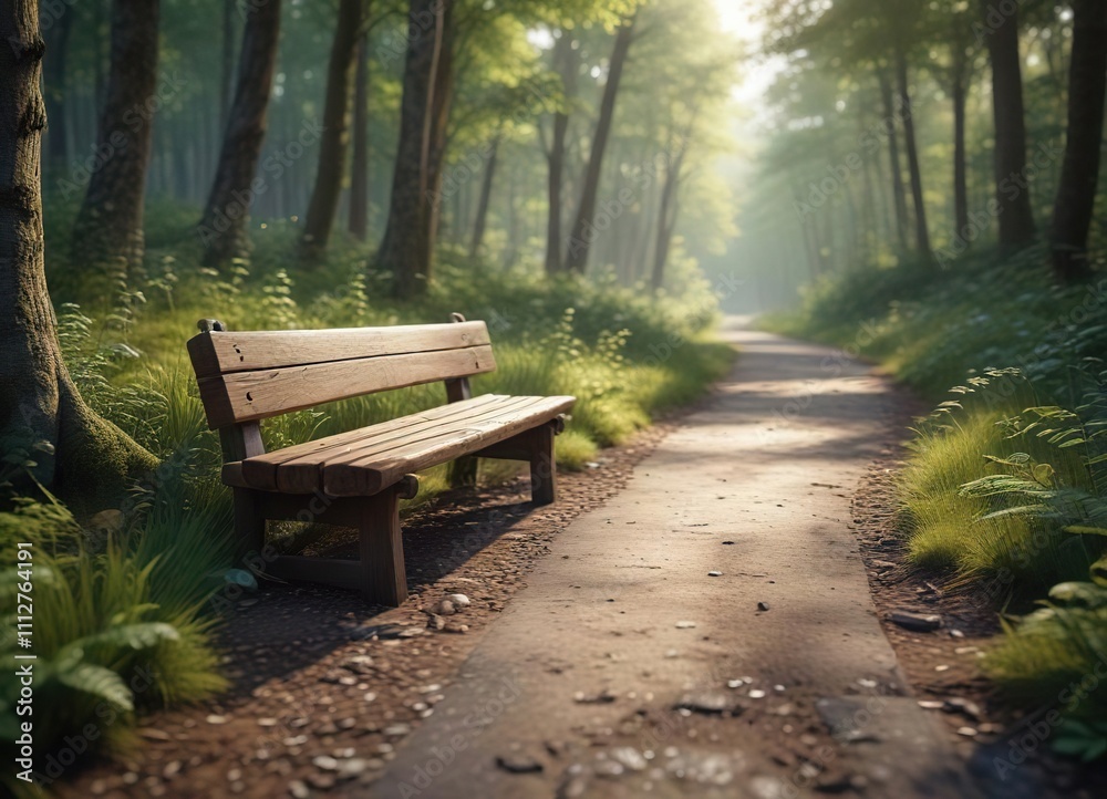 Lonely wooden bench on a path through the forest, serene, trailhead, park, natural Lonely wooden bench on a path through the forest, serene, trailhead, park, natural