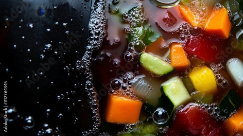 Colorful Vegetable Soup with Fresh Chopped Ingredients and Bubbles in Rich Broth photo