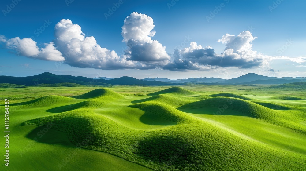 Obraz premium Perfectly formed, white cumulus clouds casting soft shadows on a green meadow below, creating a peaceful and idyllic scene, ideal for nature or travel photography.