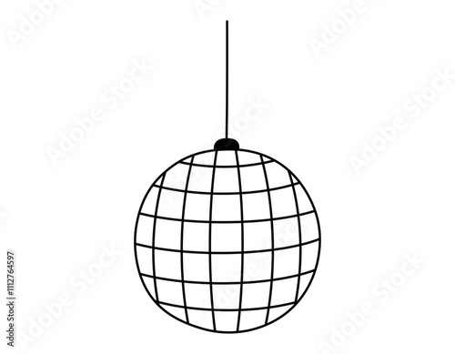 Hand drawn cute outline illustration of disco ball. Flat vector club sphere decoration line art sticker doodle. Nightlife festival. Retro music party concept icon. Celebration event. Isolated.