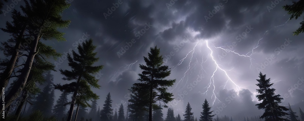 Nighttime storm scene with tall trees swaying in the wind and lightning flashing in the sky, stormy weather, stormy night, windy day Nighttime storm scene with tall trees swaying in the wind and lightning flashing in the sky, stormy weather, stormy night, windy day