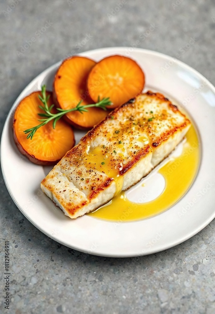 Pan-seared cod fish on white plate with sliced sweet potato and drizzle of olive oil, Seared Fish, Food Photography Pan-seared cod fish on white plate with sliced sweet potato and drizzle of olive oil, Seared Fish, Food Photography