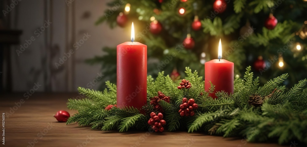 Red Advent candle placed among the greenery of a glowing Christmas tree, festive holiday decor, winter foliage, red advent candle Red Advent candle placed among the greenery of a glowing Christmas tree, festive holiday decor, winter foliage, red advent candle