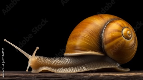 A large amber snail crawls on dark wood photo