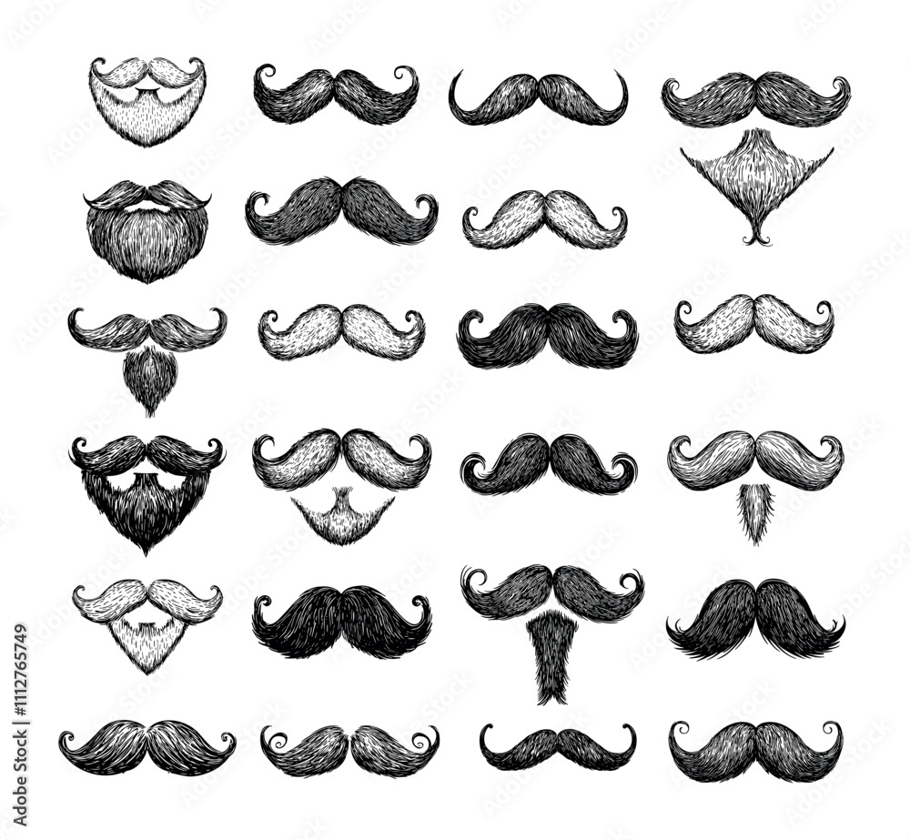 Engraving mustache. Men gentlemen or barbers and hipsters curls facial hair with beard, vintage retro shapes isolated vectors on white background