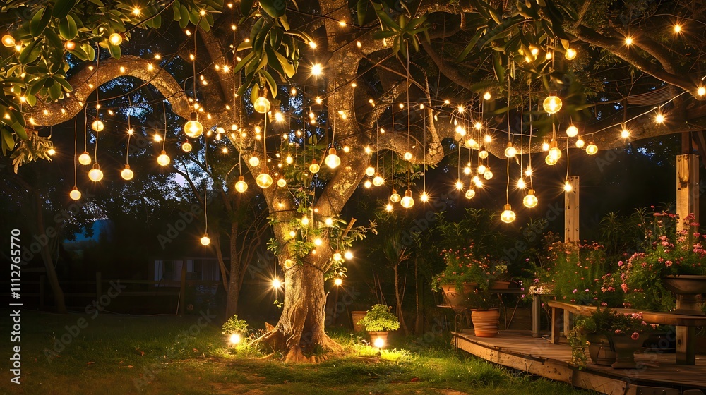 custom made wallpaper toronto digitalWarm lighting strung across trees in a peaceful garden